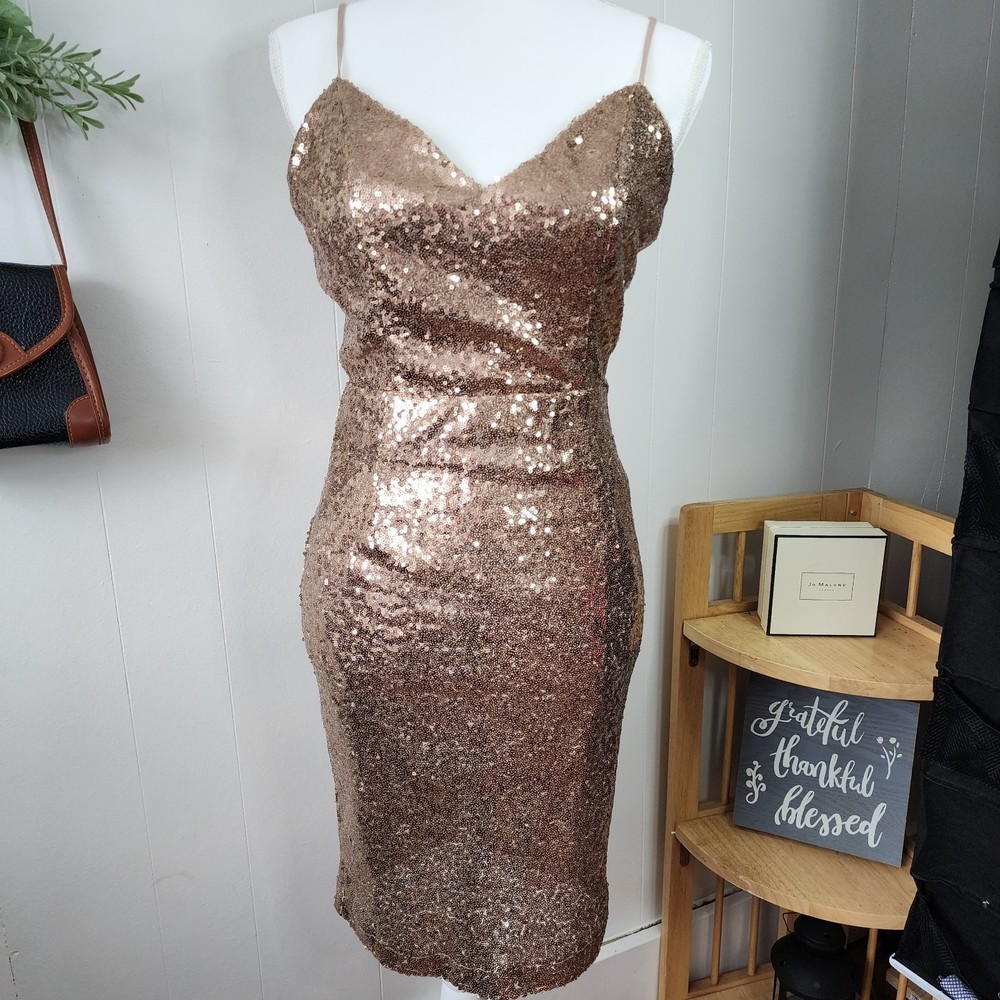 Lulus Rose Gold Sequin Bodycon Backless Mini Dress Medium